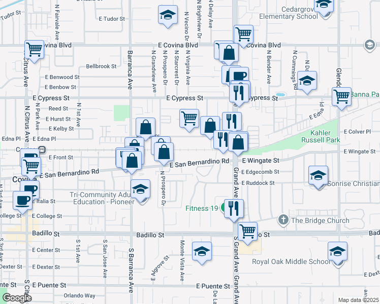 map of restaurants, bars, coffee shops, grocery stores, and more near 723 East San Bernardino Road in Covina