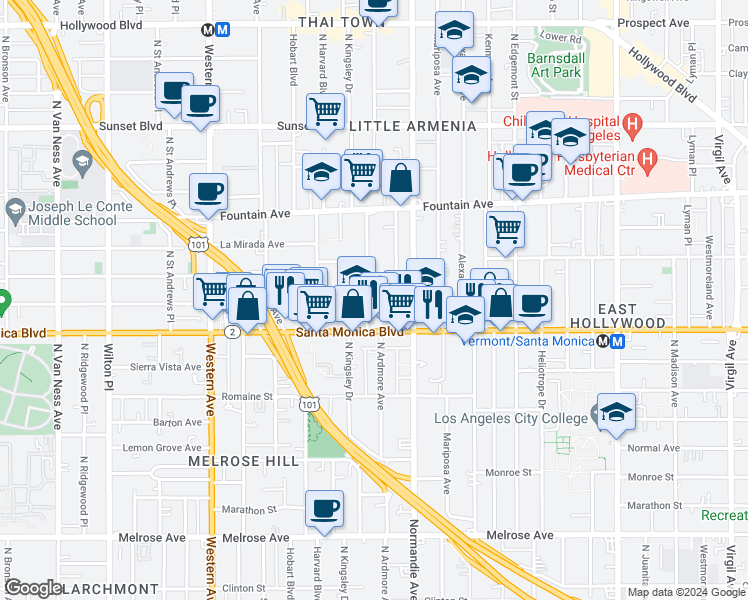 map of restaurants, bars, coffee shops, grocery stores, and more near 1150 North Kingsley Drive in Los Angeles