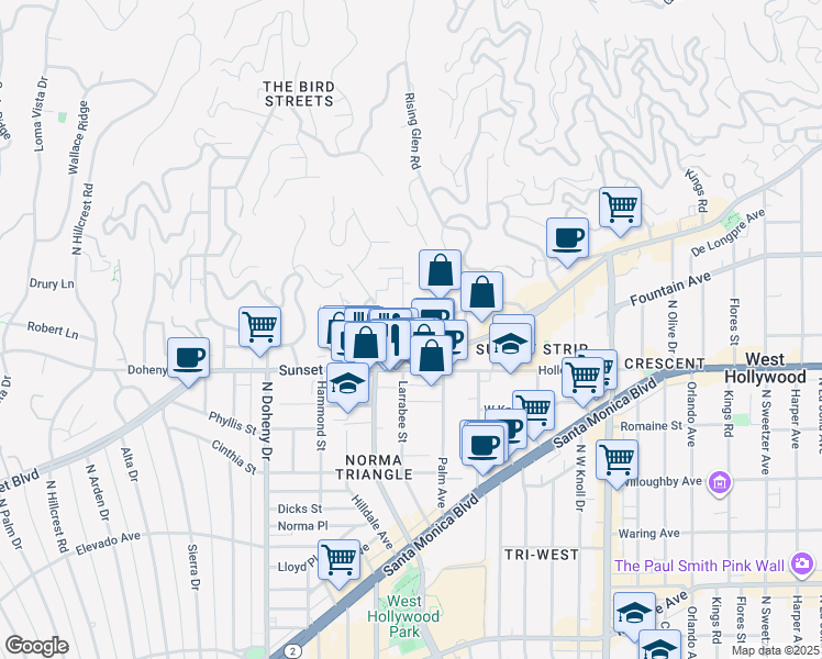 map of restaurants, bars, coffee shops, grocery stores, and more near 1136 Larrabee Street in West Hollywood