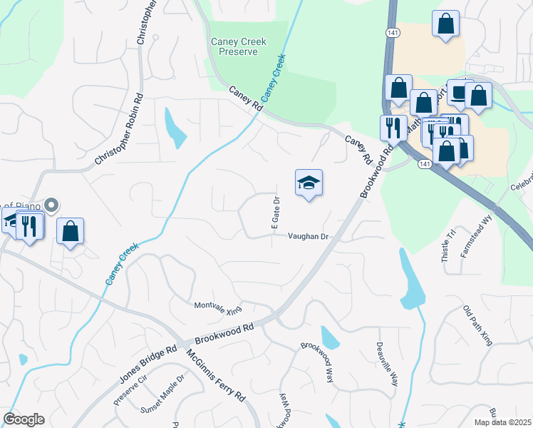 map of restaurants, bars, coffee shops, grocery stores, and more near 3020 Vaughan Drive in Cumming