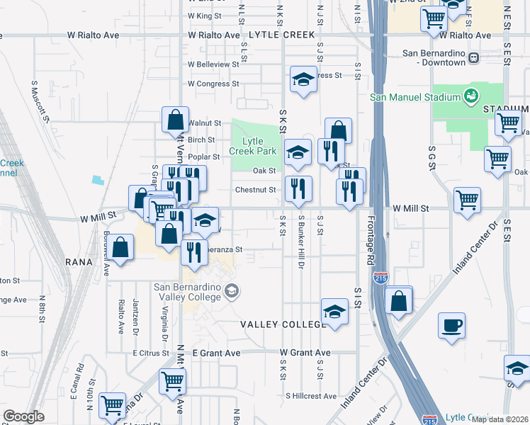 map of restaurants, bars, coffee shops, grocery stores, and more near 1141 West Mill Street in San Bernardino