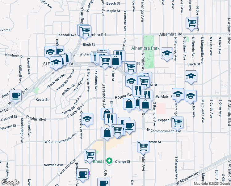 map of restaurants, bars, coffee shops, grocery stores, and more near 216 Elm Street in Alhambra