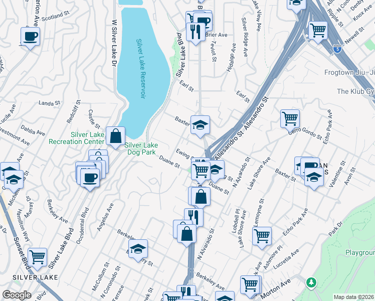 map of restaurants, bars, coffee shops, grocery stores, and more near 2257 Ewing Street in Los Angeles