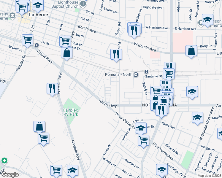 map of restaurants, bars, coffee shops, grocery stores, and more near 2755 Arrow Highway in La Verne