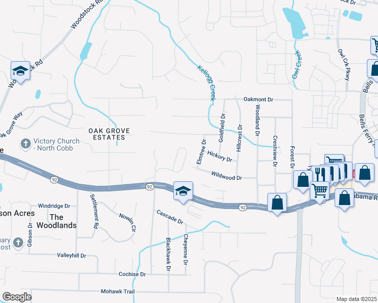 map of restaurants, bars, coffee shops, grocery stores, and more near 158 Bryon Lane in Acworth