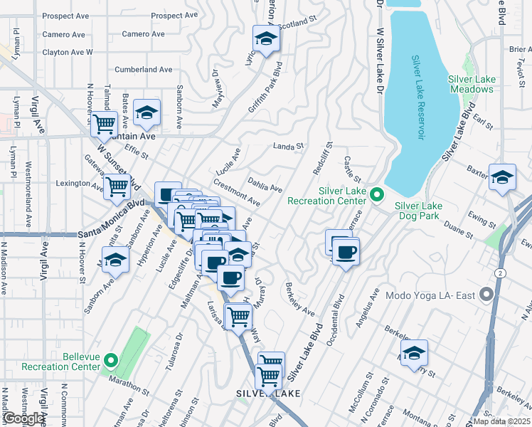 map of restaurants, bars, coffee shops, grocery stores, and more near 1707 Micheltorena Street in Los Angeles