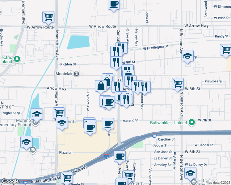 map of restaurants, bars, coffee shops, grocery stores, and more near 8950 Central Avenue in Montclair