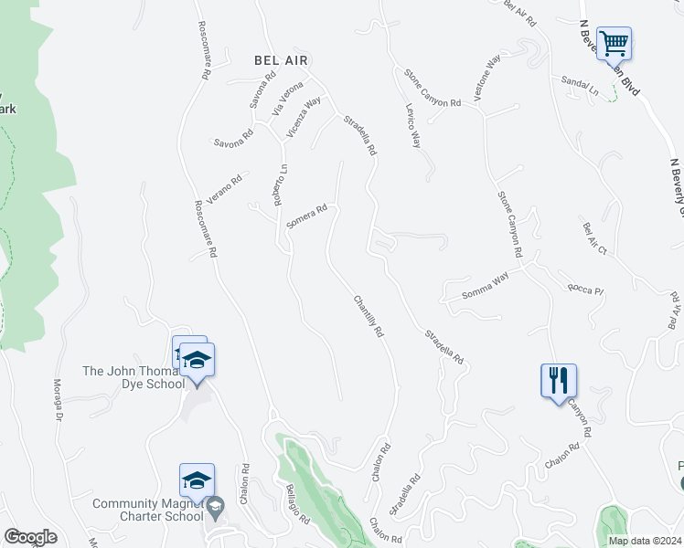 map of restaurants, bars, coffee shops, grocery stores, and more near 1100 Chantilly Road in Los Angeles