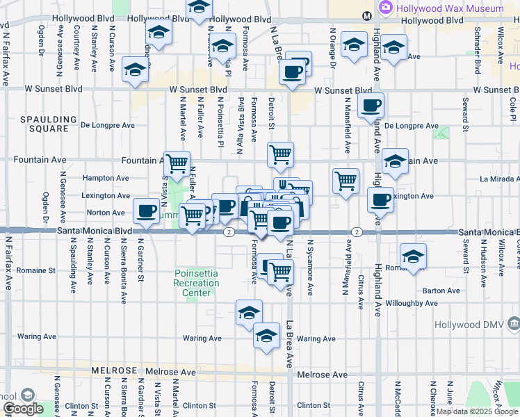 map of restaurants, bars, coffee shops, grocery stores, and more near 1140 North Formosa Avenue in West Hollywood