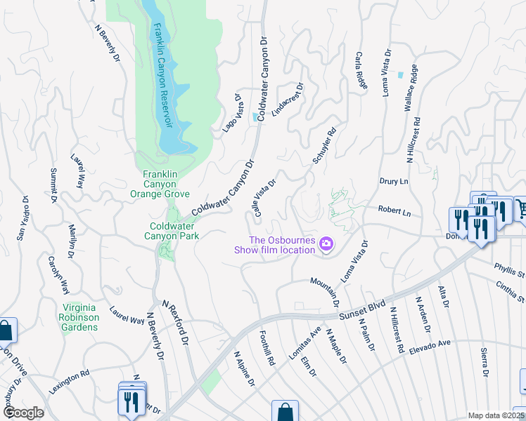 map of restaurants, bars, coffee shops, grocery stores, and more near 1140 Calle Vista Drive in Beverly Hills