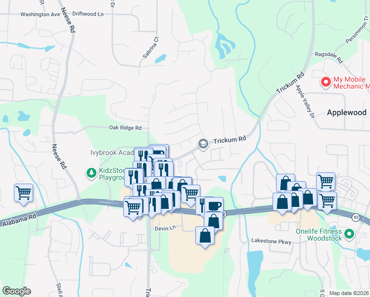 map of restaurants, bars, coffee shops, grocery stores, and more near 305 Wauchula Way in Woodstock