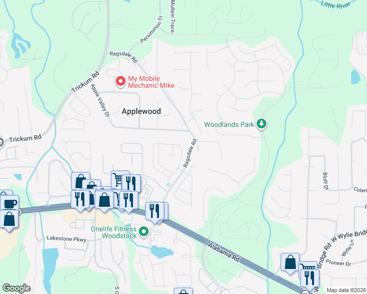 map of restaurants, bars, coffee shops, grocery stores, and more near 122 Cornerstone Circle in Woodstock