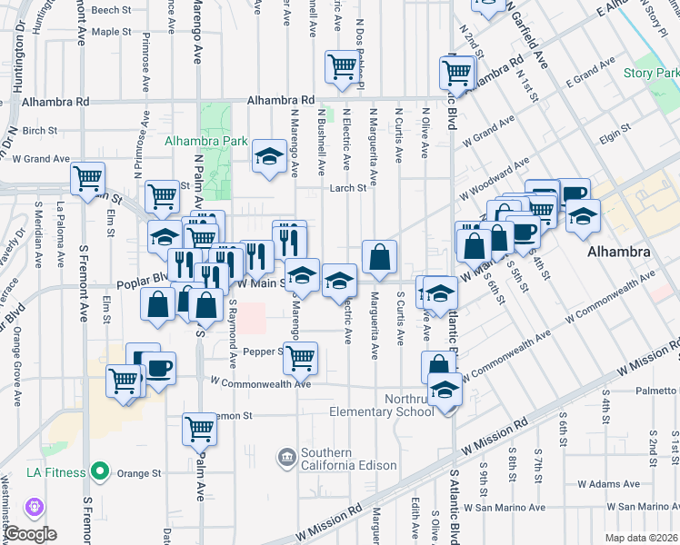 map of restaurants, bars, coffee shops, grocery stores, and more near 1515 W Main St in Alhambra