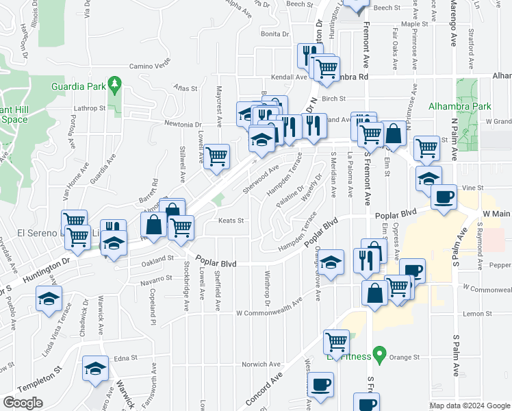 map of restaurants, bars, coffee shops, grocery stores, and more near 101 Hampden Terrace in Alhambra