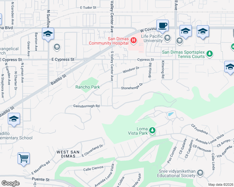 map of restaurants, bars, coffee shops, grocery stores, and more near 1481 Martingale Court in San Dimas