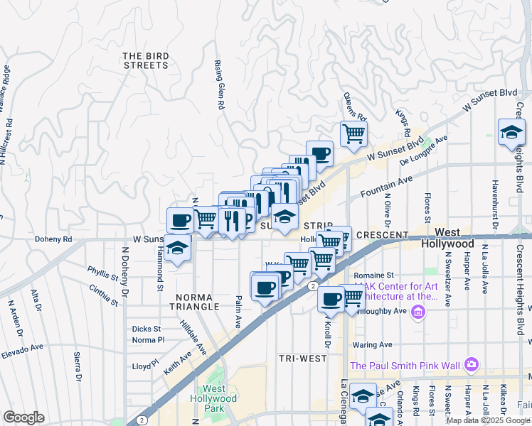 map of restaurants, bars, coffee shops, grocery stores, and more near 8749 Sunset Boulevard in West Hollywood
