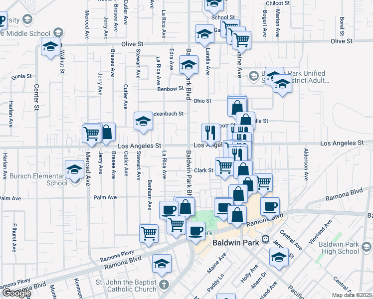 map of restaurants, bars, coffee shops, grocery stores, and more near 14210 Los Angeles Street in Baldwin Park