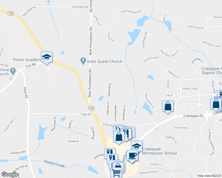 map of restaurants, bars, coffee shops, grocery stores, and more near 12667 Waterside Drive in Alpharetta