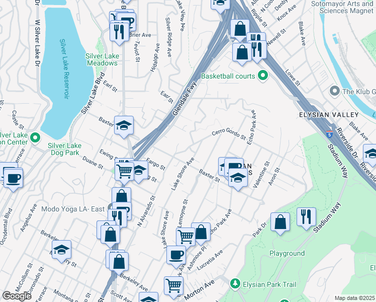 map of restaurants, bars, coffee shops, grocery stores, and more near 2068 Cerro Gordo Street in Los Angeles
