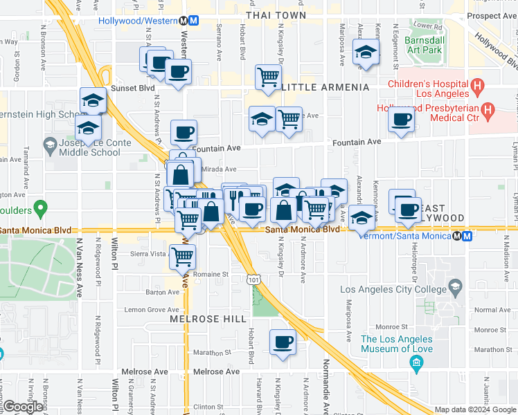 map of restaurants, bars, coffee shops, grocery stores, and more near 5301 Virginia Avenue in Los Angeles