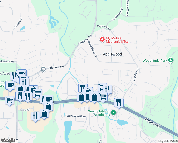 map of restaurants, bars, coffee shops, grocery stores, and more near 185 Village Trace in Woodstock