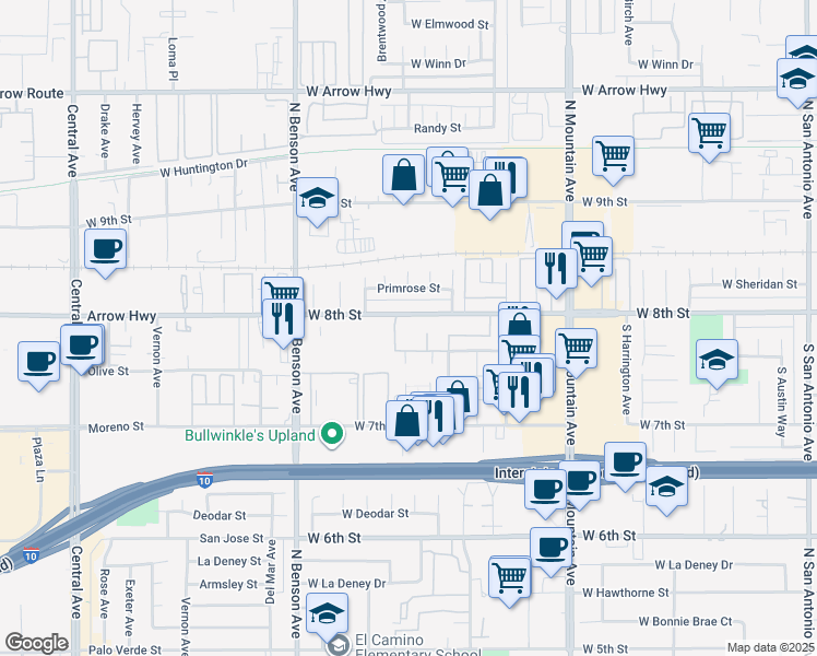 map of restaurants, bars, coffee shops, grocery stores, and more near 1438 West 8th Street in Upland