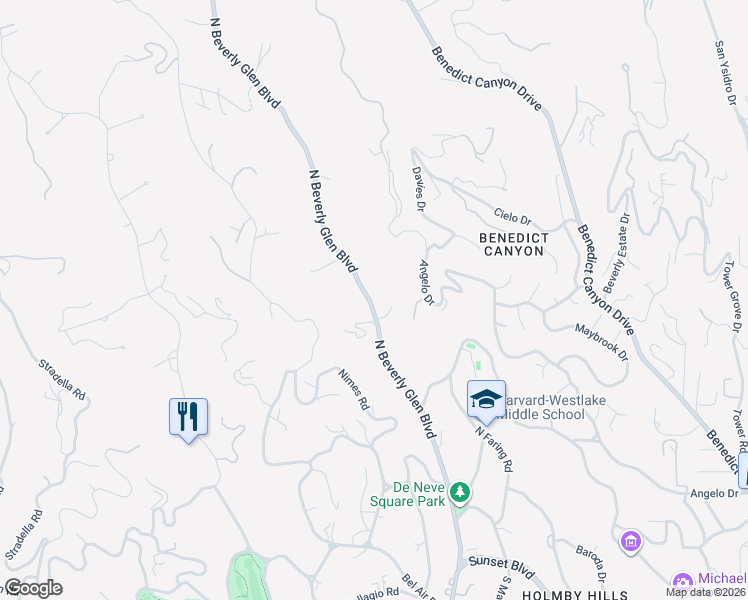 map of restaurants, bars, coffee shops, grocery stores, and more near 896 North Beverly Glen Boulevard in Los Angeles