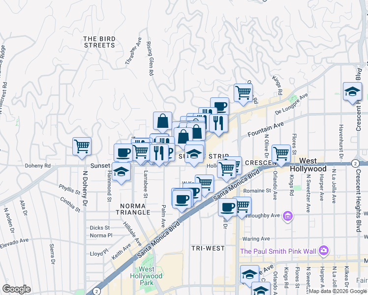 map of restaurants, bars, coffee shops, grocery stores, and more near 8749 Sunset Boulevard in West Hollywood