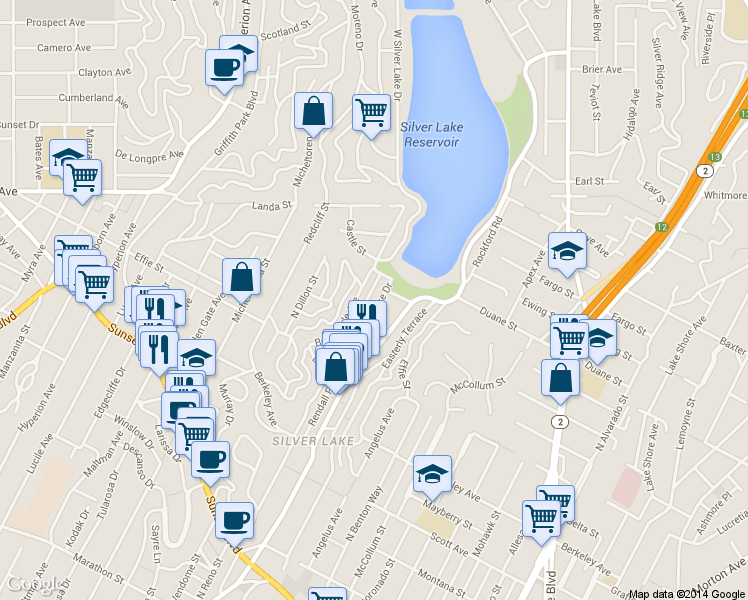 map of restaurants, bars, coffee shops, grocery stores, and more near 1838 Westerly Terrace in Los Angeles