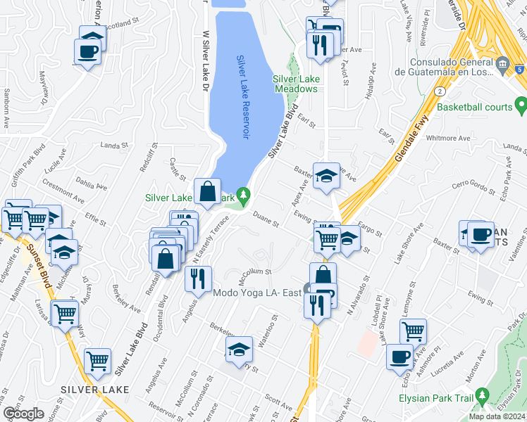map of restaurants, bars, coffee shops, grocery stores, and more near 2345 Duane Street in Los Angeles