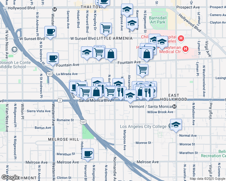 map of restaurants, bars, coffee shops, grocery stores, and more near 1137 North Normandie Avenue in Los Angeles