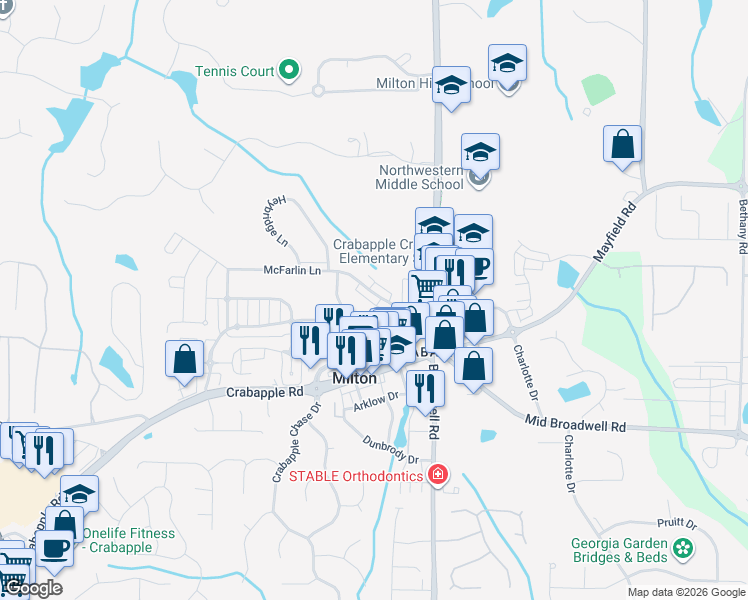 map of restaurants, bars, coffee shops, grocery stores, and more near 2123 McFarlin Lane in Alpharetta