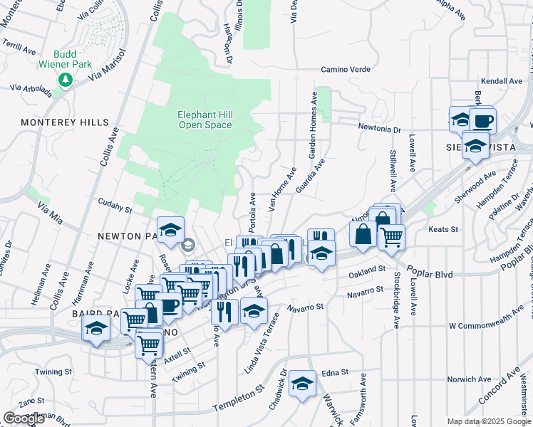 map of restaurants, bars, coffee shops, grocery stores, and more near 4021 Van Horne Avenue in Los Angeles