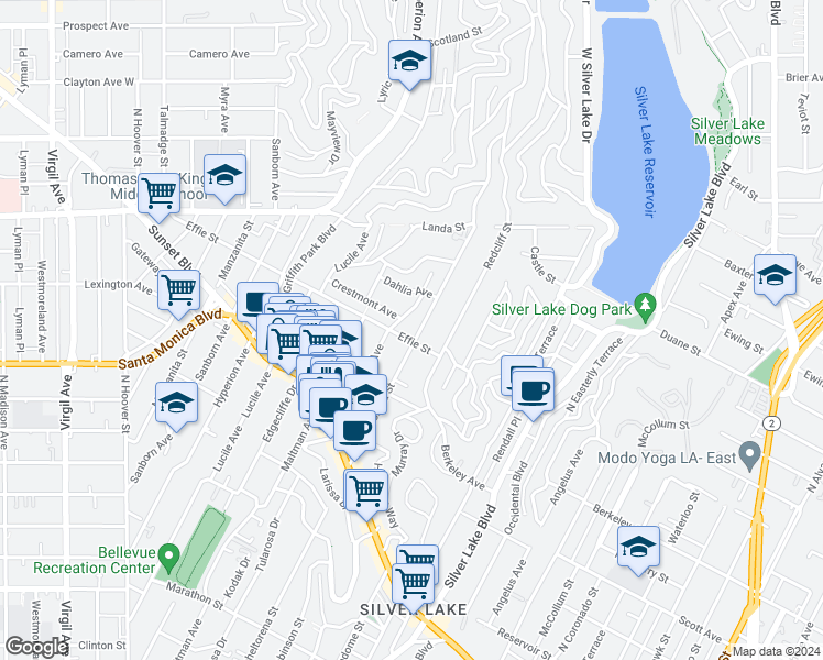 map of restaurants, bars, coffee shops, grocery stores, and more near 1707 Micheltorena Street in Los Angeles