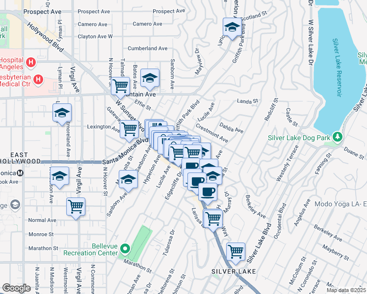 map of restaurants, bars, coffee shops, grocery stores, and more near 1630 Griffith Park Boulevard in Los Angeles