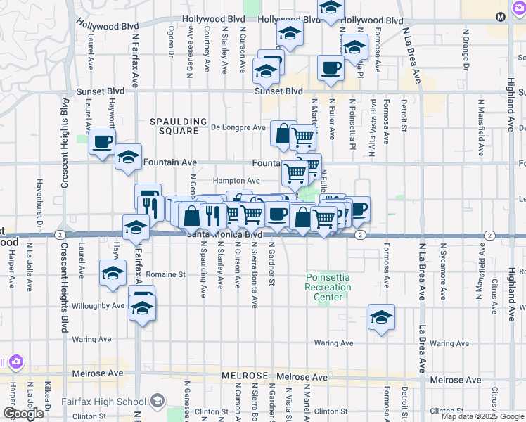 map of restaurants, bars, coffee shops, grocery stores, and more near 7551 Norton Avenue in West Hollywood
