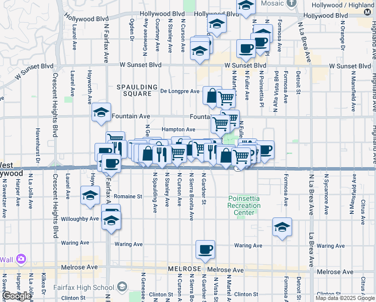 map of restaurants, bars, coffee shops, grocery stores, and more near 7551 Norton Avenue in West Hollywood