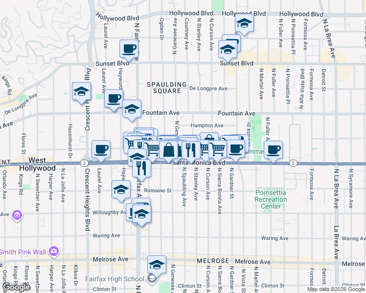 map of restaurants, bars, coffee shops, grocery stores, and more near 7725 Norton Avenue in West Hollywood
