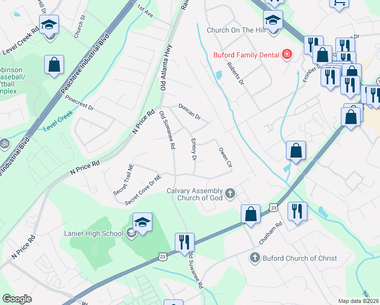 map of restaurants, bars, coffee shops, grocery stores, and more near 4474 Emory Drive in Sugar Hill