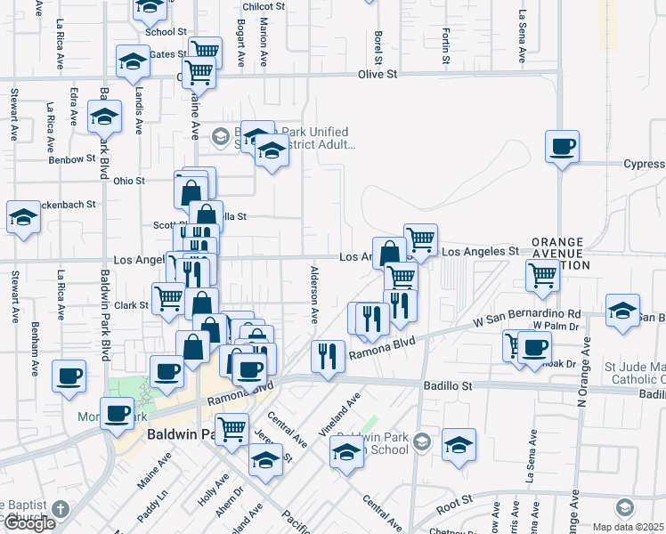 map of restaurants, bars, coffee shops, grocery stores, and more near 14868 Los Angeles Street in Irwindale