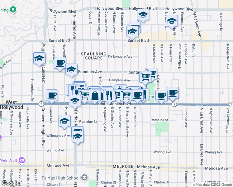 map of restaurants, bars, coffee shops, grocery stores, and more near 7627 Norton Avenue in West Hollywood
