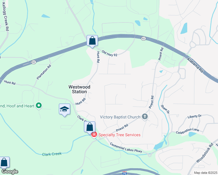 map of restaurants, bars, coffee shops, grocery stores, and more near 2889 Emerald Lane in Acworth