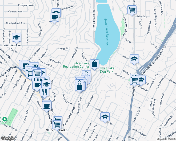 map of restaurants, bars, coffee shops, grocery stores, and more near 1838 Westerly Terrace in Los Angeles
