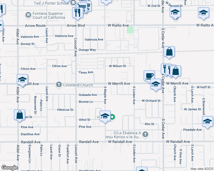 map of restaurants, bars, coffee shops, grocery stores, and more near 515 South Maple Avenue in Fontana