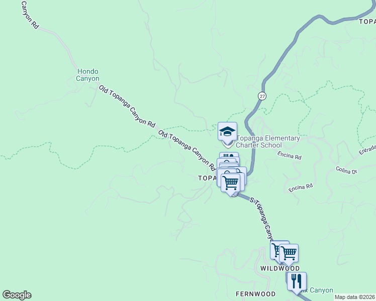 map of restaurants, bars, coffee shops, grocery stores, and more near 269 Old Topanga Canyon Road in Topanga