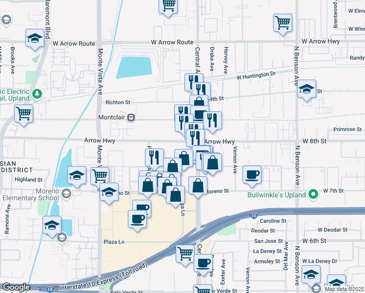 map of restaurants, bars, coffee shops, grocery stores, and more near 5235 East Arrow Highway in Montclair