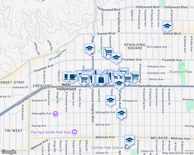map of restaurants, bars, coffee shops, grocery stores, and more near 8017 Norton Avenue in Los Angeles