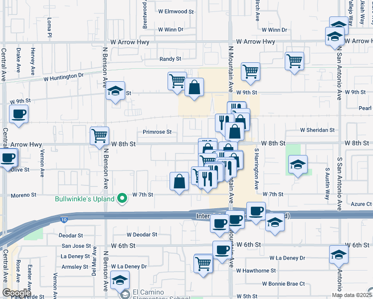 map of restaurants, bars, coffee shops, grocery stores, and more near 1342 West 8th Street in Upland