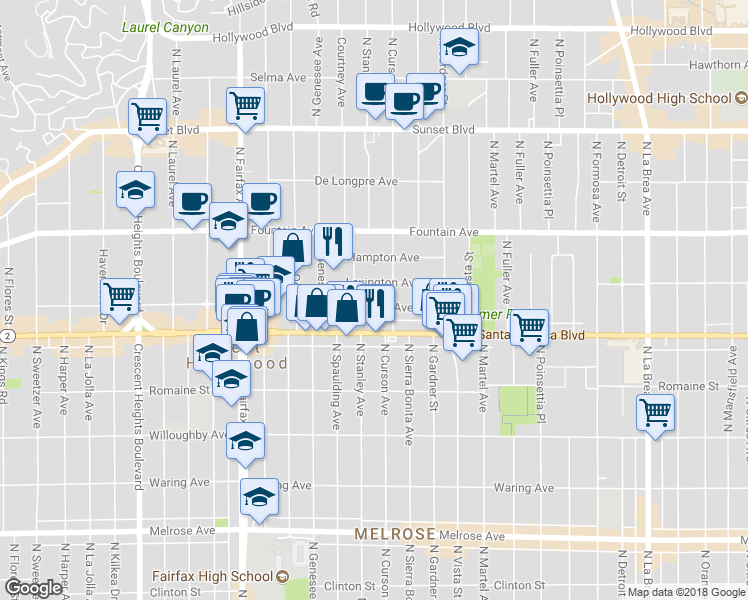 map of restaurants, bars, coffee shops, grocery stores, and more near 7621 Norton Avenue in West Hollywood