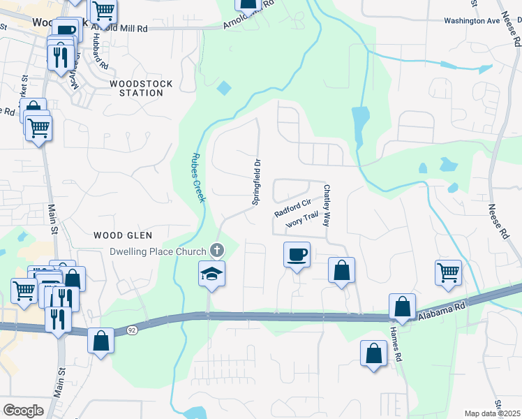 map of restaurants, bars, coffee shops, grocery stores, and more near 442 Springfield Dr in Woodstock